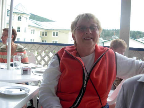 Mom in Dawson City, happy to be Celebrating our Trip